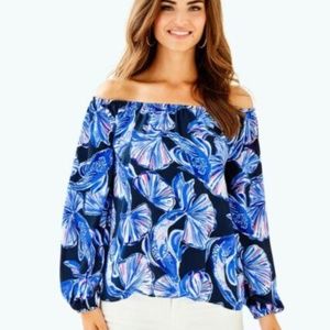 118.00 NWT Lilly Pulitzer Lou Lou Top Off-Shoulder Bright Navy In Reel Life